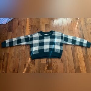 SO Green and White Crew Neck Sweater with Plaid Design